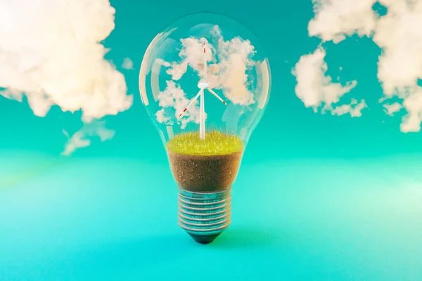 Одна Лампочка Ветряной Турбиной Внутри Зеленая Почва Облака Возобновляемые Концепции — стоковое фото