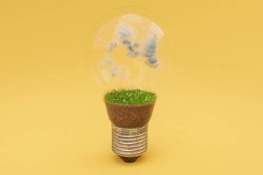 Toprak ve bulutlu tek bir ampul; yenilenebilir temiz enerji konsepti; 3B Görüntü