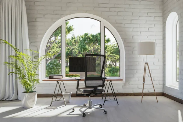 workplace with pc workstation in front of arched windows; landscape view; bright sunlight;  remote work freelance concept; 3D Illustration