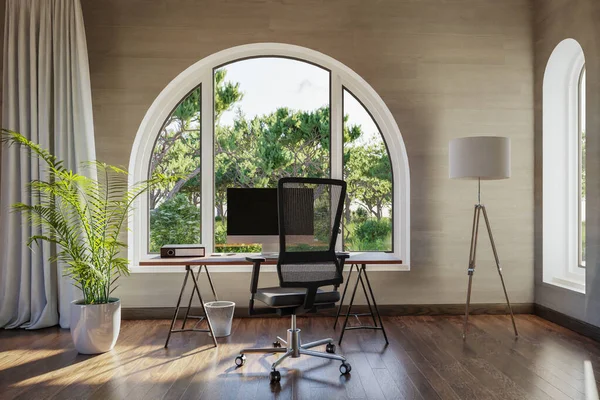 stock image workplace with pc workstation in front of arched windows; landscape view; bright sunlight;  remote work freelance concept; 3D Illustration