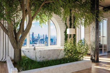 Şehir merkezinde penceresi olan çatı katı; ağaçlı kapalı küvet; seyahat konsepti; 3D Görüntü