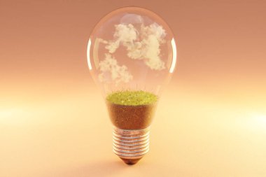 Toprak ve bulutlu tek bir ampul; yenilenebilir temiz enerji konsepti; 3B Görüntü