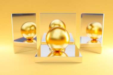 Altın kürenin sonsuz arka planına sahip gümüş metal podyum; güzellik için kaide, kozmetik ürün sunumu. Boşluk şablonunu kopyala, 3B Resim