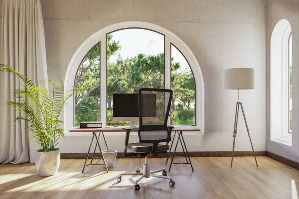 workplace with pc workstation in front of arched windows; landscape view; bright sunlight;  remote work freelance concept; 3D Illustration
