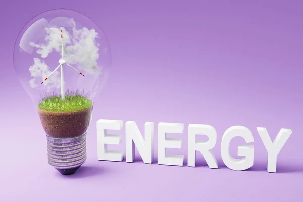 内装风力涡轮机的灯泡 绿色土壤和云 可再生清洁能源概念 3D说明 — 图库照片