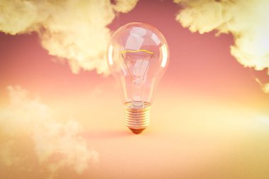 Sonsuz arkaplanda parlayan filamanlı retro stil ampulü; yaratıcılık tasarım konsepti; 3B İllüstrasyon