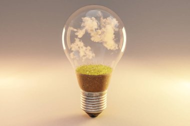 Toprak ve bulutlu tek bir ampul; yenilenebilir temiz enerji konsepti; 3B Görüntü