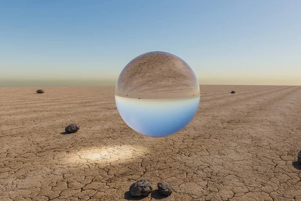 stock image glas sphere ball hovering in the air in large empty desert environment; abstract surreal concept; 3D Illustration