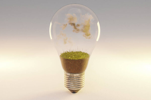 single lightbulb with soil and clouds; renewable clean energy concept; 3D Illustration