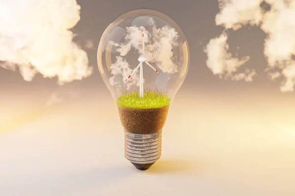 Single Lightbulb Wind Turbine Green Soil Clouds Renewable Clean Energy — Stock Photo, Image
