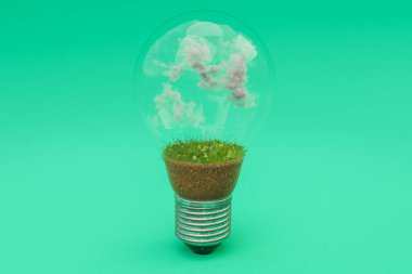 Toprak ve bulutlu tek bir ampul; yenilenebilir temiz enerji konsepti; 3B Görüntü