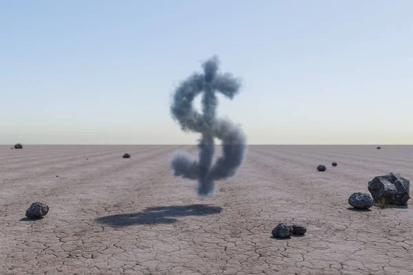 大沙漠环境中的云美元符号 山丘和岩石遍布四方 商业利润概念 3D说明 — 图库照片