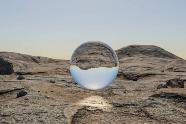 stock image glas sphere ball hovering in the air in large empty desert environment; abstract surreal concept; 3D Illustration