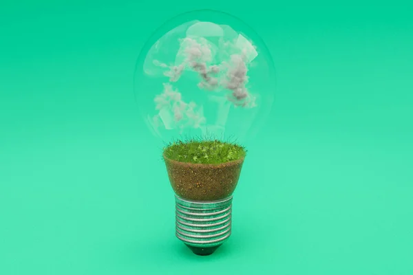 Одна Лампочка Почвой Облаками Концепция Возобновляемой Чистой Энергии Иллюстрация — стоковое фото