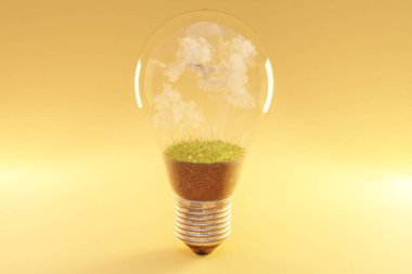 Toprak ve bulutlu tek bir ampul; yenilenebilir temiz enerji konsepti; 3B Görüntü