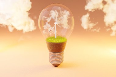 içinde rüzgar türbini olan tek bir ampul; yeşil toprak ve bulutlar; yenilenebilir temiz enerji konsepti; 3 boyutlu illüstrasyon