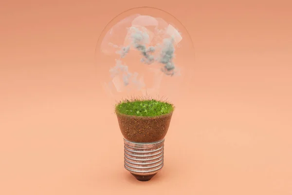 Одна Лампочка Почвой Облаками Концепция Возобновляемой Чистой Энергии Иллюстрация — стоковое фото