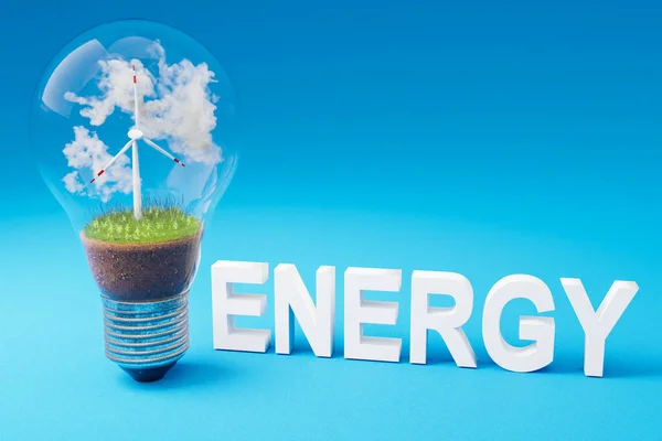 風力タービンを内蔵したシングル電球 緑の土壌と雲 再生可能なクリーンエネルギーの概念 3Dイラスト — ストック写真