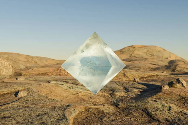 在空旷的大沙漠环境中 冰柱金字塔立方体在空气中盘旋 抽象超现实的概念 三维图解 图库图片