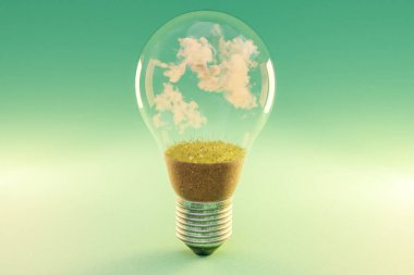 Toprak ve bulutlu tek bir ampul; yenilenebilir temiz enerji konsepti; 3B Görüntü