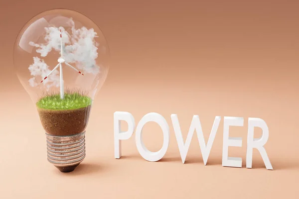 内装微型风力涡轮机的单个灯泡 绿色土壤和云 可再生能源概念 3D说明 — 图库照片