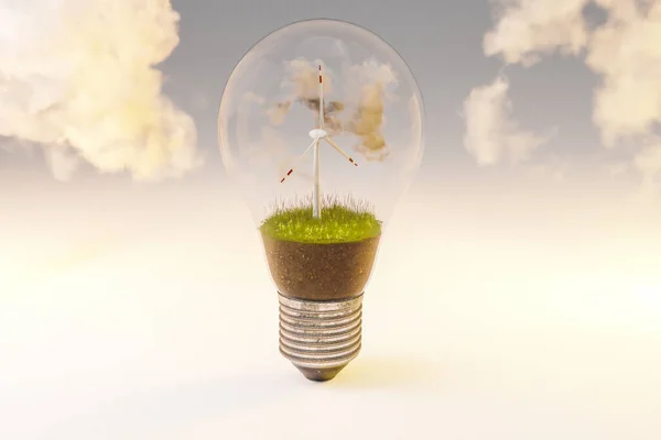 Single Lightbulb Wind Turbine Green Soil Clouds Renewable Clean Energy — Stock Photo, Image