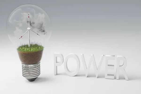 内装微型风力涡轮机的单个灯泡 绿色土壤和云 可再生能源概念 3D说明 — 图库照片