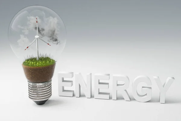 Одна Лампочка Ветряной Турбиной Внутри Зеленая Почва Облака Возобновляемые Концепции — стоковое фото