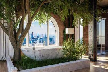 Şehir merkezinde penceresi olan çatı katı; ağaçlı kapalı küvet; seyahat konsepti; 3D Görüntü