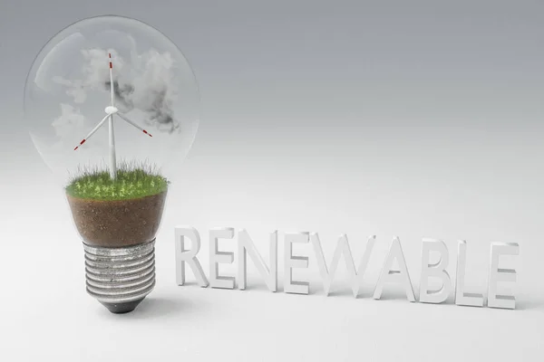 Pojedyncza Żarówka Miniaturową Turbiną Wiatrową Wewnątrz Zielona Gleba Chmury Koncepcja — Zdjęcie stockowe