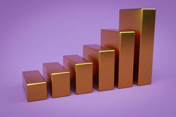 Gouden Metalen Kubussen Trap Verhogen Grafiek Een Rij Kleurrijke Achtergrond — Stockfoto