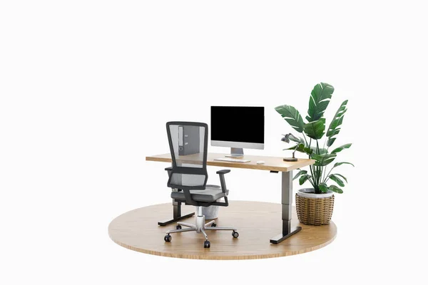 Einzelner Isolierter Computerarbeitsplatz Auf Podium Mit Verstellbarem Schreibtisch Und Anlage — Stockfoto