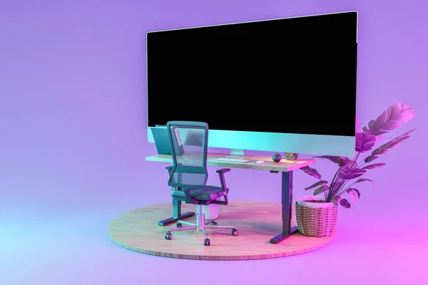 巨大なワイドスクリーンモニターと木製の表彰台に隔離されたコンピュータワークスペース フリーランスと自宅のオフィスのコンセプト 3Dイラスト — ストック写真
