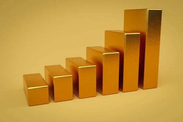 Oro Metal Cubos Escalera Levantamiento Gráfico Una Fila Fondo Colorido — Foto de Stock