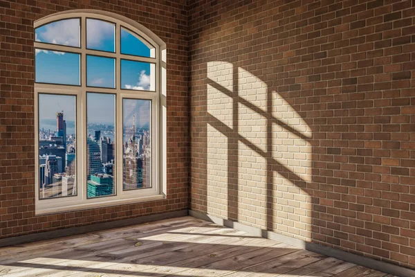 空旷的城市公寓 有天际线景观和横越阳光槽窗 现代建筑设计 3D画图 — 图库照片