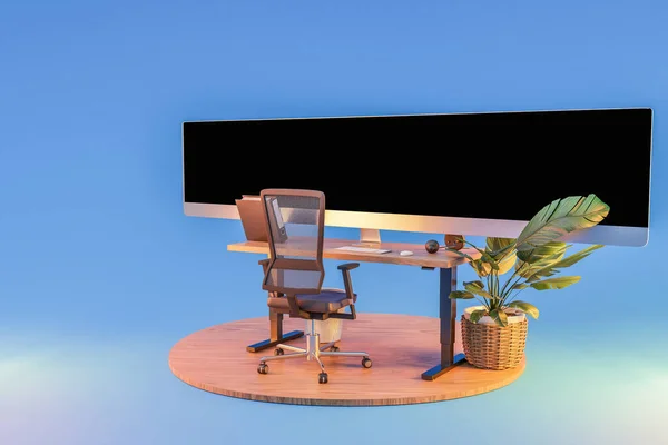 Single Computer Workspace Podium Giant Widescreen Monitor Display Freelance Home — Stock Photo, Image