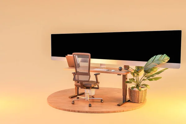 巨大なワイドスクリーンモニターディスプレイと表彰台にシングルコンピュータワークスペース フリーランスと自宅のオフィスのコンセプト 3Dイラスト — ストック写真
