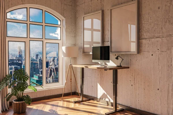 modern standing desk pc workplace in daylight downtown skyline office; home desing and home office concept; 3D Illustration
