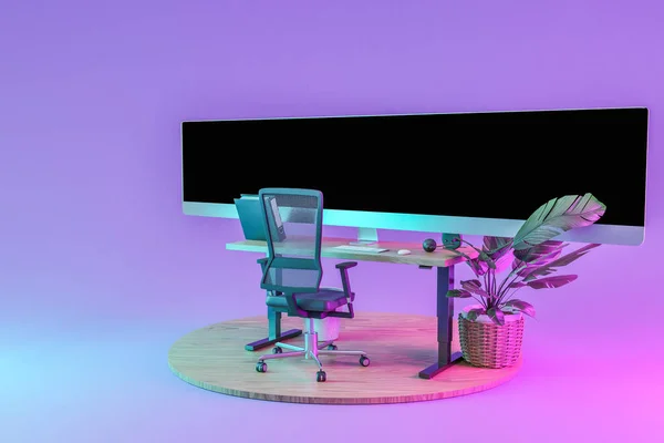 巨大なワイドスクリーンモニターディスプレイと表彰台にシングルコンピュータワークスペース フリーランスと自宅のオフィスのコンセプト 3Dイラスト — ストック写真