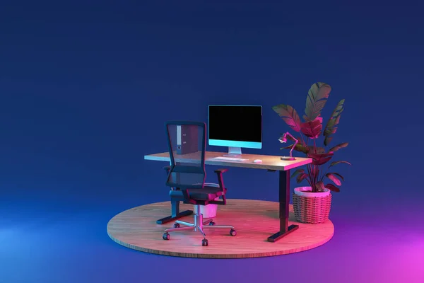 single isolated computer workspace on podium with adjustable desk and plant; freelance and home office concept; 3D Illustration