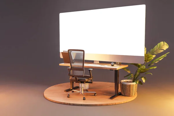 isolated computer workspace on wooden podium with giant widescreen monitor; freelance and home office concept; 3D Illustration