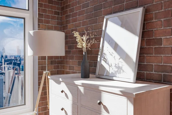 wooden white modern dresser standing in; daylight downtown skyline; mock up poster frame standing on furniture; home decoration desing; 3D Illustration