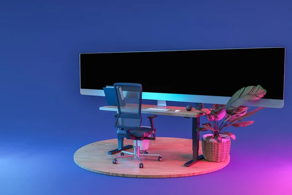 single computer workspace on podium with giant widescreen monitor display; freelance and home office concept; 3D Illustration