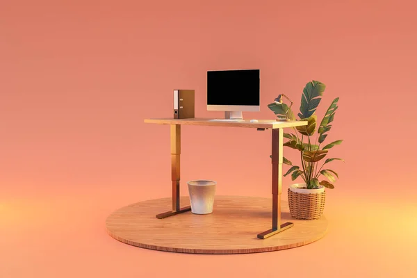Isolierter Computerarbeitsplatz Auf Holzpodest Mit Stehtisch Freiberufliches Und Home Office — Stockfoto