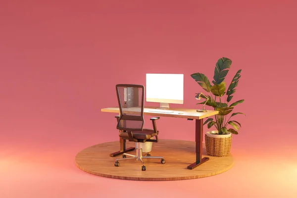 isolated computer workspace on wooden podium with giant widescreen monitor; freelance and home office concept; 3D Illustration