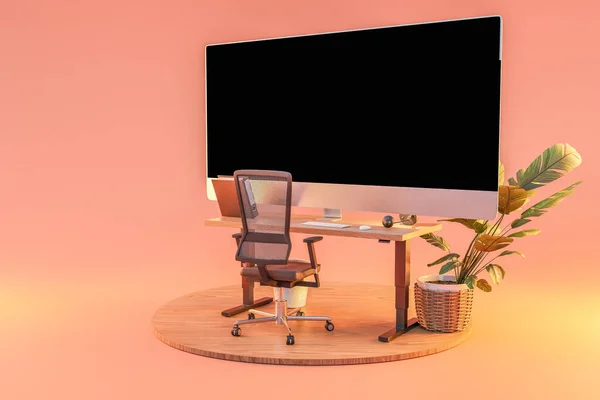 巨大なワイドスクリーンモニターと木製の表彰台に隔離されたコンピュータワークスペース フリーランスと自宅のオフィスのコンセプト 3Dイラスト — ストック写真