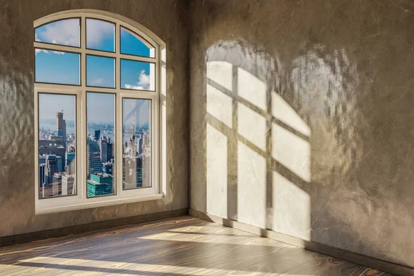空旷的城市公寓 有天际线景观和横越阳光槽窗 现代建筑设计 3D画图 — 图库照片