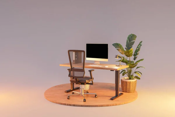 Single Isolated Computer Workspace Podium Adjustable Desk Plant Freelance Home — Stock Photo, Image