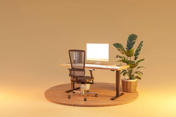 Isolated Computer Workspace Wooden Podium Giant Widescreen Monitor Freelance Home — Stock Photo, Image