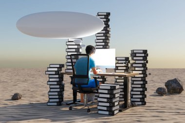 Adam çöl ortamında bilgisayar ofisindeki iş yerinde oturuyor. Başında devasa klasörler ve bulut yığınları var. İş yükü stresi tükenme kavramı, 3 boyutlu illüstrasyon